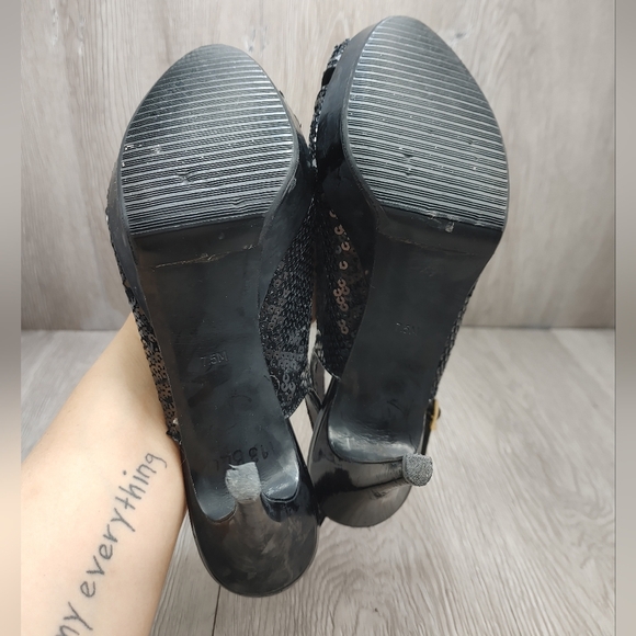 Steve Madden Heels Peep Toe Slingback Black Sequin Party Shoes‎ Creemms 4"  7.5 - Picture 6 of 11